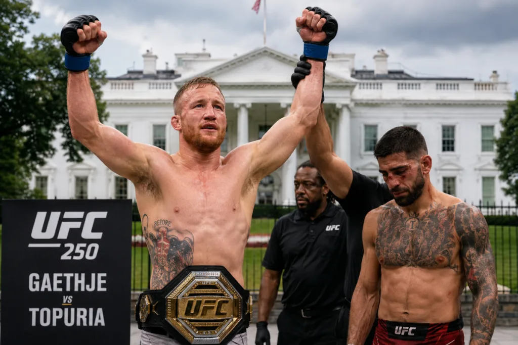 Justin Gaethje stands victorious at UFC 250