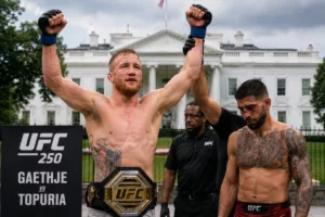 Justin Gaethje stands victorious at UFC 250