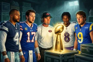 Super Bowl trophy, Dak Prescott, Josh Allen, Kyle Shanahan, Lamar Jackson, Matt Stafford