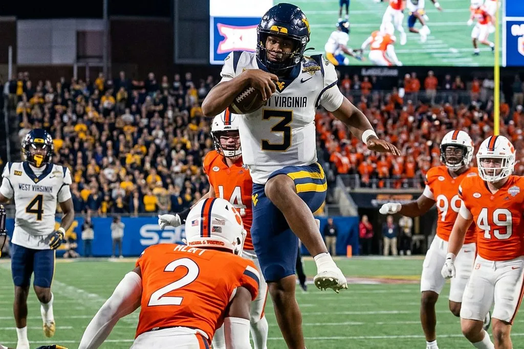 West Virginia, Hawkins, leap, hurdle, rich rodriguez
